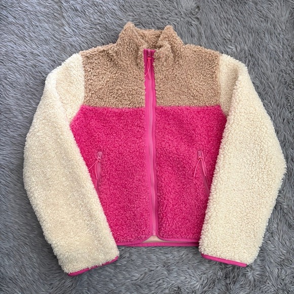 Becca Tilley x Bar III Sherpa Colorblocked Jacket Pink Cream Tan Womens Medium - Picture 2 of 7